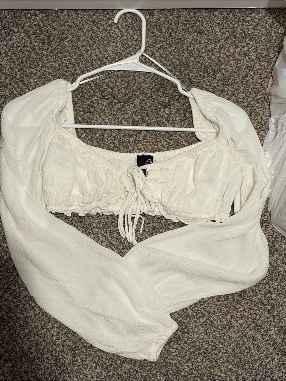 Garage Cream Smocked Long-Sleeve Crop Top